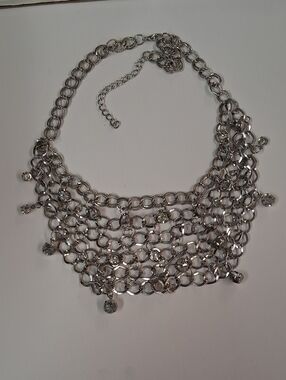 Silver Multi-Row Statement Necklace with Crystal Accents